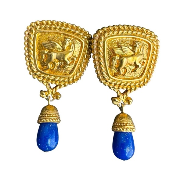 Vintage 80s Faux Lapis Earrings Pegasus Gold Tone Pierced Avon Elizabeth Taylor‎